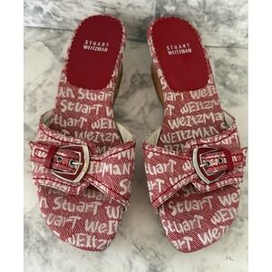 Stuart Weitzman Red Graffiti Logo‎ Sandals Womens 8.5 B Wooden Wedge Slip On